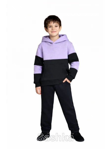 Трикотажний костюм на флісі бузково-чорний з чорними штанами для хлопчика 